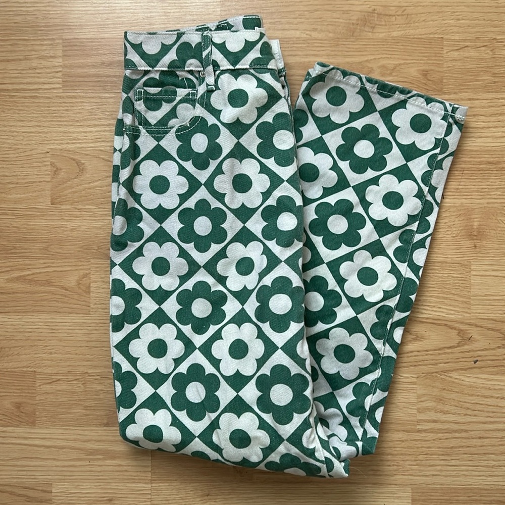 PacSun green and white floral jeans